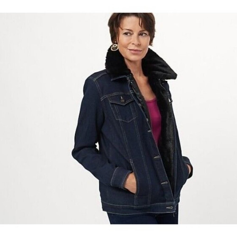 Dennis Basso Jean Jacket with Removable Faux Fur Vest Black Wash Medium